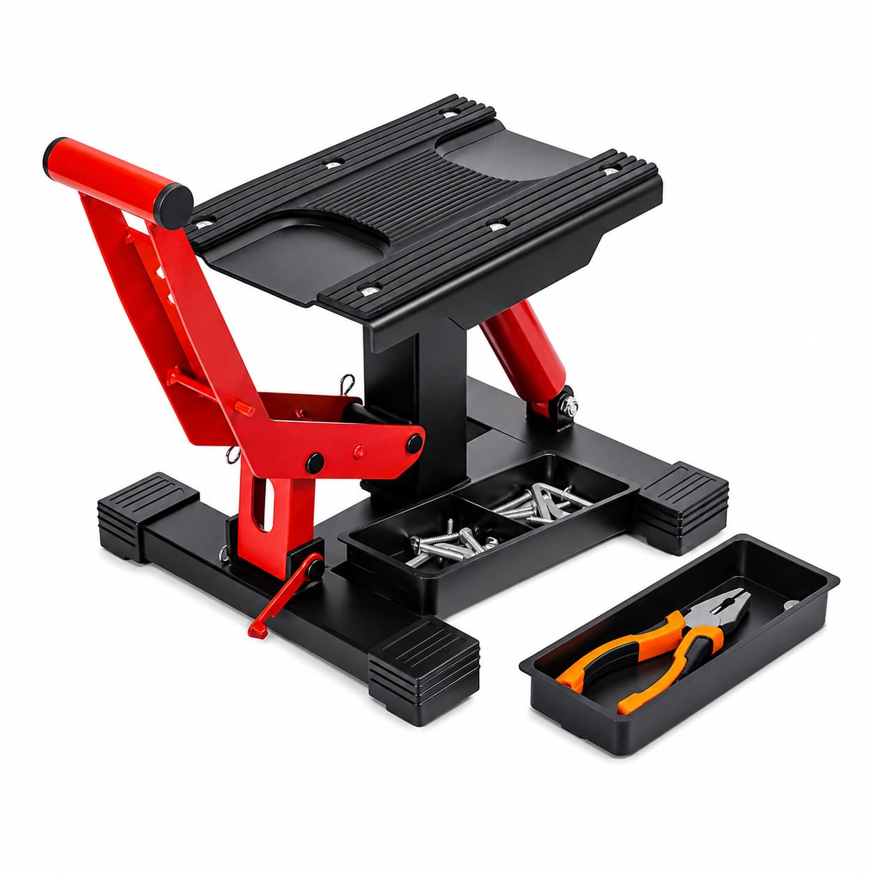 Hydrauliczny stojak na rower Dirtbike 453 kg, ze zdejmowaną tacą na narzędzia, regulowana wysokość, stół podnośnikowy z bardzo dużą i antypoślizgową platformą do motocykli terenowych, motocyklowych