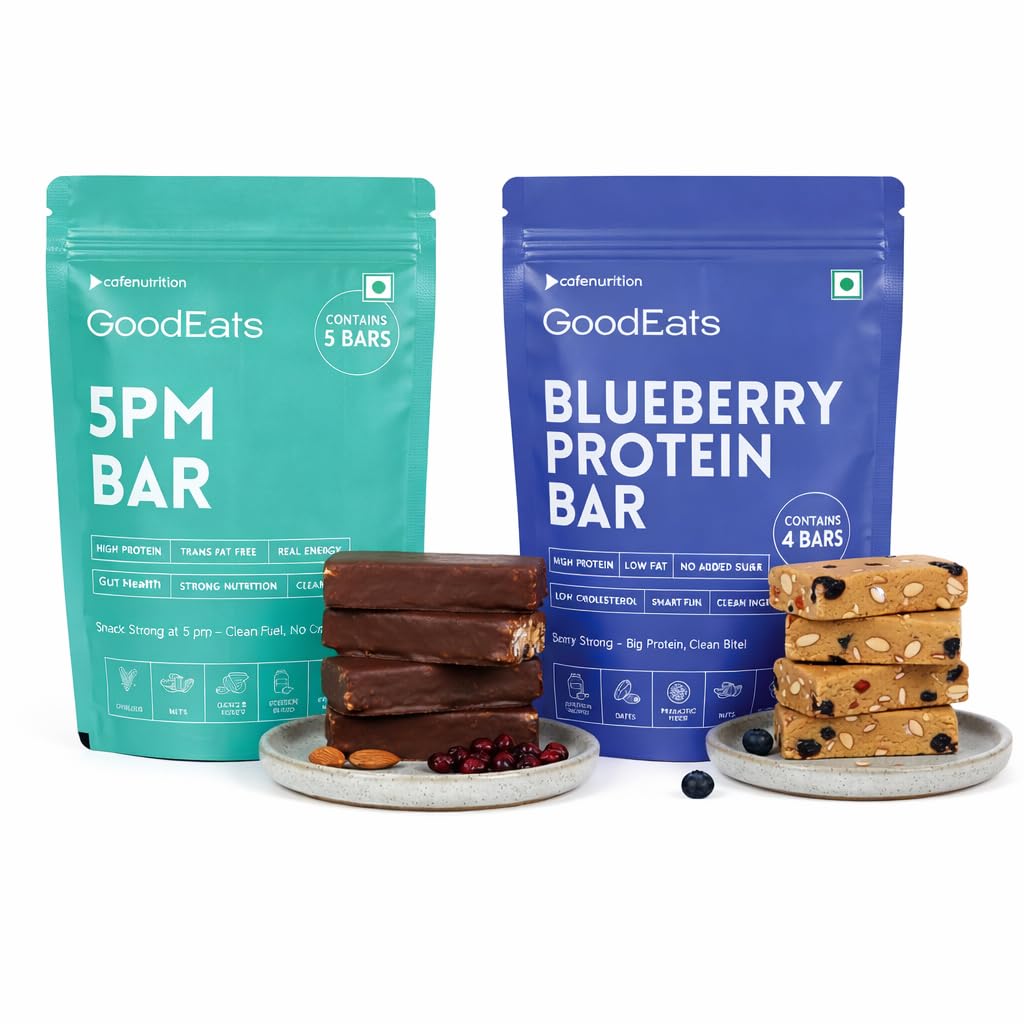 GOODEATS HIGH PROTEIN COMBO: GoodEats Blueberry Protein Bars + 5PM Bars | Low Fat, Low Added Sugar & Clean Nutrition Snack Bars | Healthy Evening Protein Snack | 65g x 4 & 50g x 5 Pack-image-8