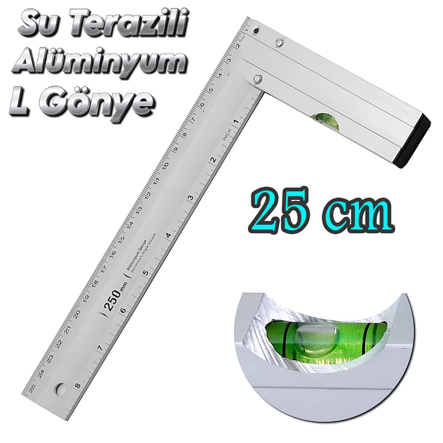 Badem10 Alüminyum L Gönye Su Terazili Cetvel Kaynak Kaynakçı Marangoz Gönyesi 250 mm