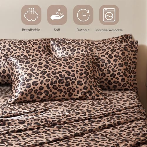 Image of MR&HM Satin Bed Sheets with Elastic Corner Straps, King Size Sheets Set, 6 Pcs Silky Bedding Set with 15 Inches Deep Pocket for Mattress (King, Brown Leopard)