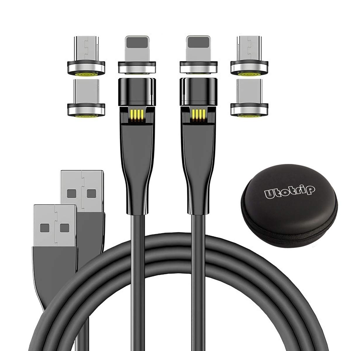 UtotripMagnetic Fast Charging Cable,(2-Pack,3ft/6ft) 540 Ball Shaped Magnetic Data Transfer Phone Charger,3-in-1 USB Magnetic Cable Compatible Micro USB,Type C(Black,Gen 2)