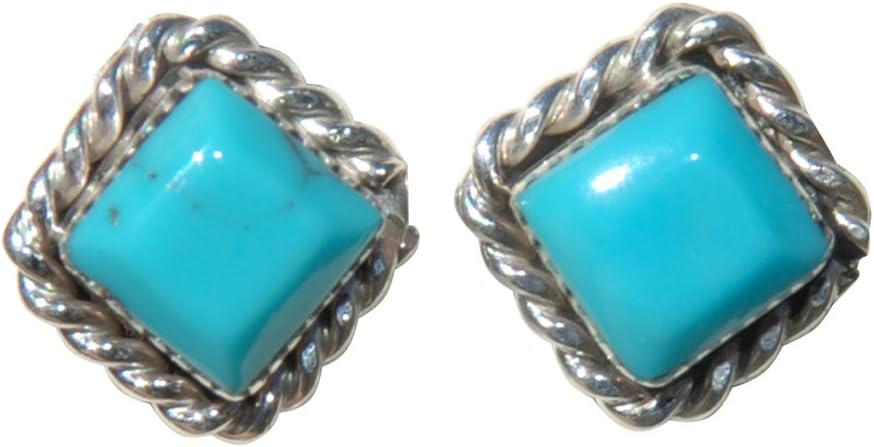 Small Square Natural Turquoise Stud Earrings with Twist Wire Border Design Handcrafted Original Zuni Native American Indian Jewelry in GIFT BOX