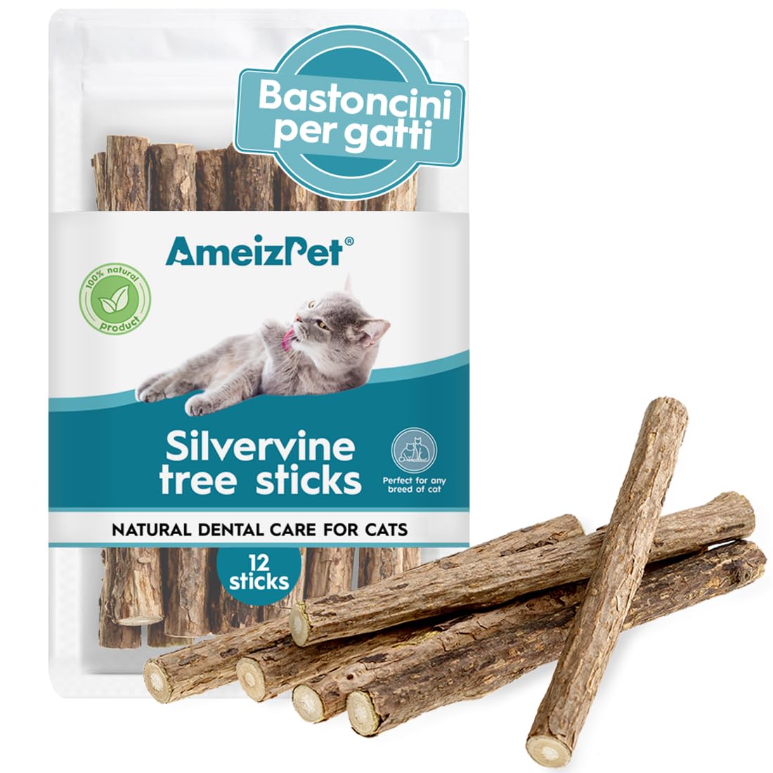 Ameizpet Erba Gatta Secca Per Gatto Pronta, Naturale Bastoncini Matatabi Per Gatti - Bastoncini Da Masticare, Silvervine Pulizia Denti Per Gatti 12 Pcs-image