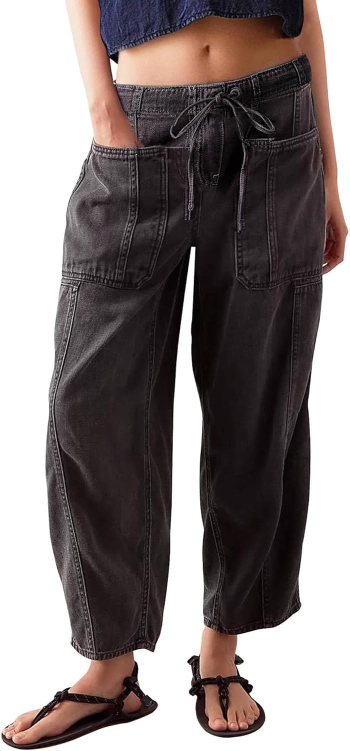yoeasy Womens Low Rise Barrel Jeans Elastic Drawstring Loose Wide Leg Cropped Denim Pants Y2k Baggy Boyfriend Jeans