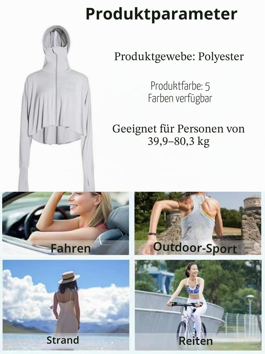 Damen-Sonnenschutzjacke, durchgehender Reißverschluss, LSF 50+, UV-Sonnenschutz, Kleidung, leicht, langärmelig, Kapuzenpullover, Sonnenshirt