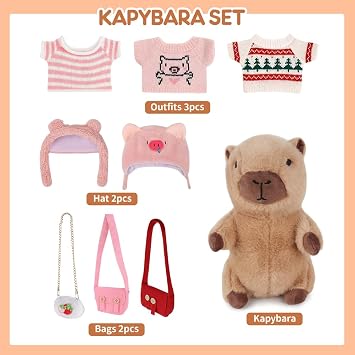 Capybara Plush with 9PCS Clothes and Accessories, 25cm Capybara Stuffed Animal, CapybaraPlush Soft Toy, Cute Capybaras Teddy, Dress Up CapybaraStuffed Animal Plush Toys Gift for Kids Boy Girl(C)