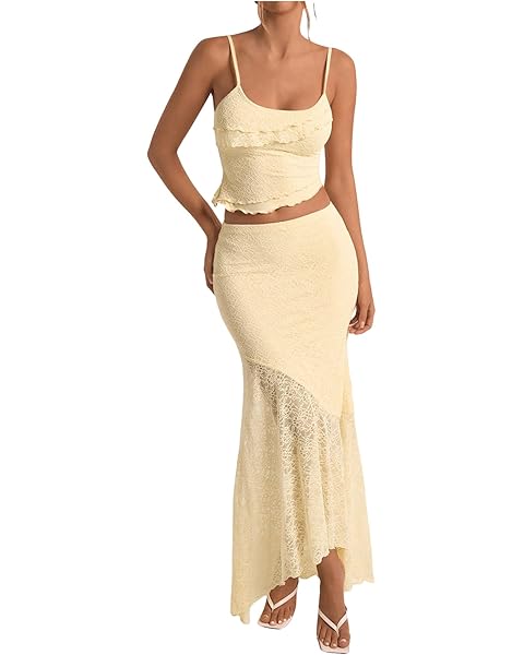 GORGLITTER Women's 2 Piece Skirt Sets Lace Crop Top and Asymmetrical Bodycon Long Maxi Skirt Trendy Summer Outfits 2025