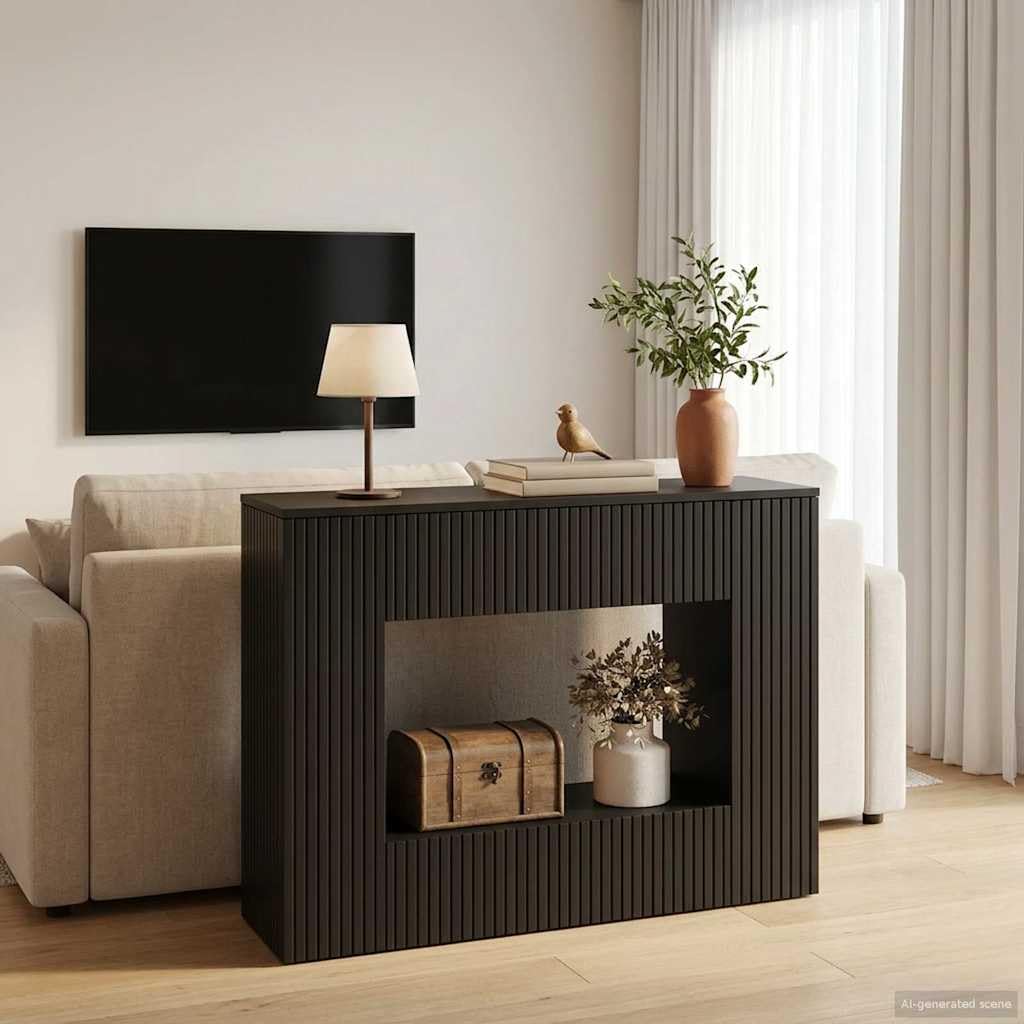 Mesa consola a rayas de madera para pasillo y entrada estrecha con cajón