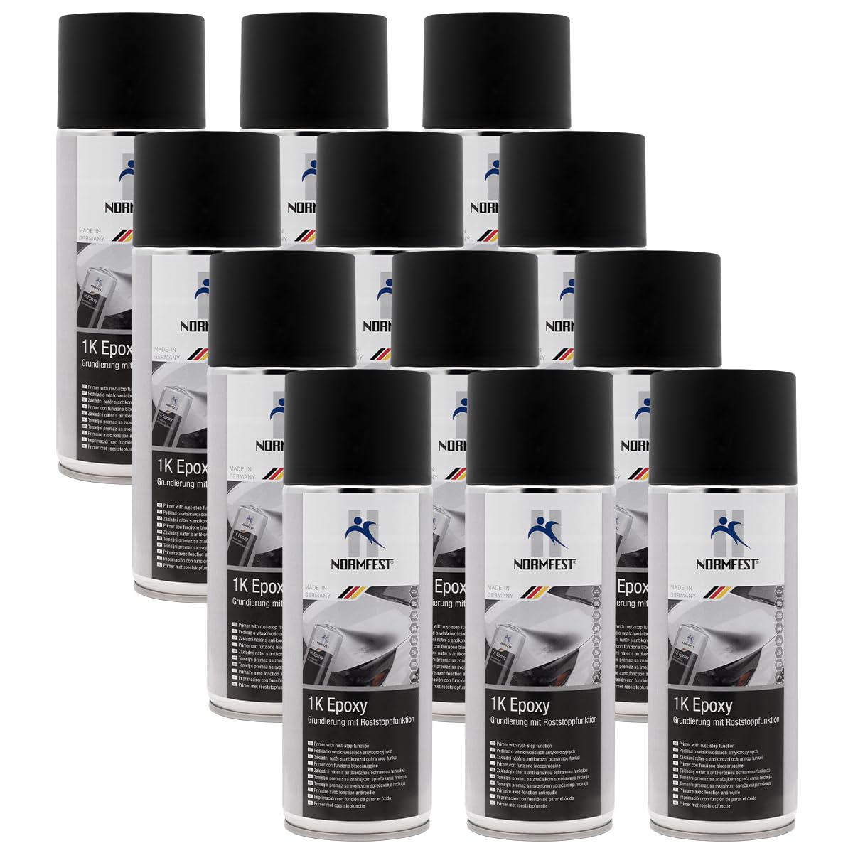 Normfest 1K Epoxy Grundierung Schwarz – Rostschutz & Haftvermittler für Stahl, Aluminium & verzinkte Flächen – schnelltroc., schleifbar & überlackierbar – professioneller Korrosionsschutz – 12x 400 ml