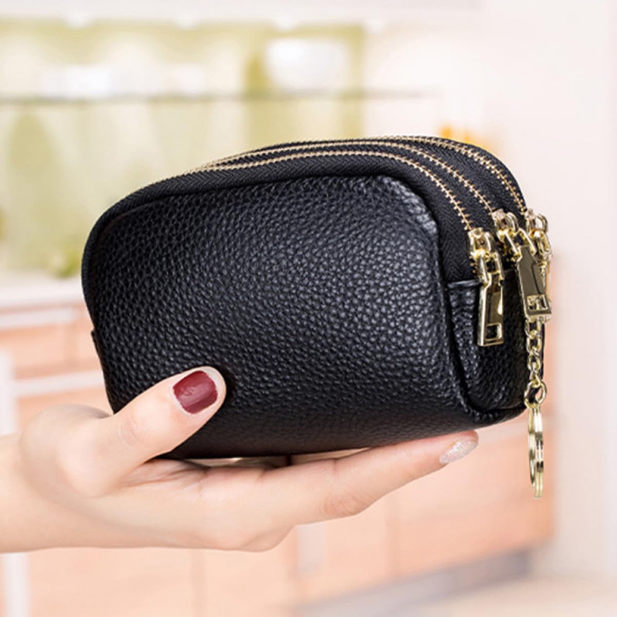 ABOOFAN Porte-Monnaie Noir en Cuir de Vachette à Fermeture Éclair