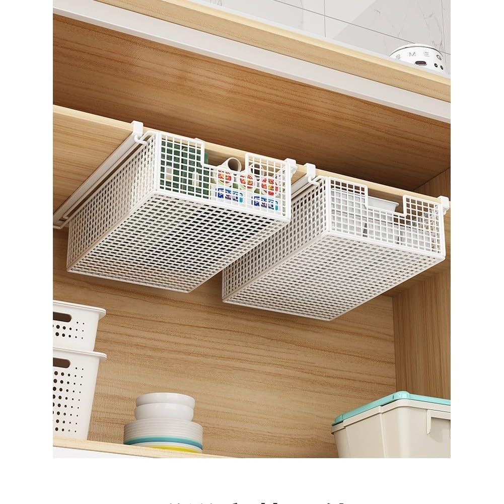 RichVibe - Organizzatore da appendere sotto il mobile con cassetto portaoggetti per utensili da cucina, 37x22x9 cm, in materiale ferro con alte guide laterali, design estraibile, bianco/nero