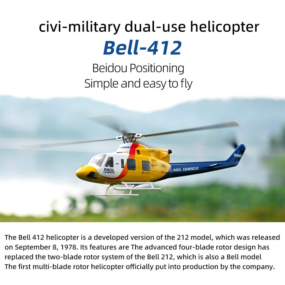 FLYWING BELL-412 - Helicóptero RC clase 470 para adultos, avión de 2.4G 6CH con posicionamiento GPS y retorno automático, 4 modos de vuelo para principiantes, vuelo al aire libre/interior, regalo para