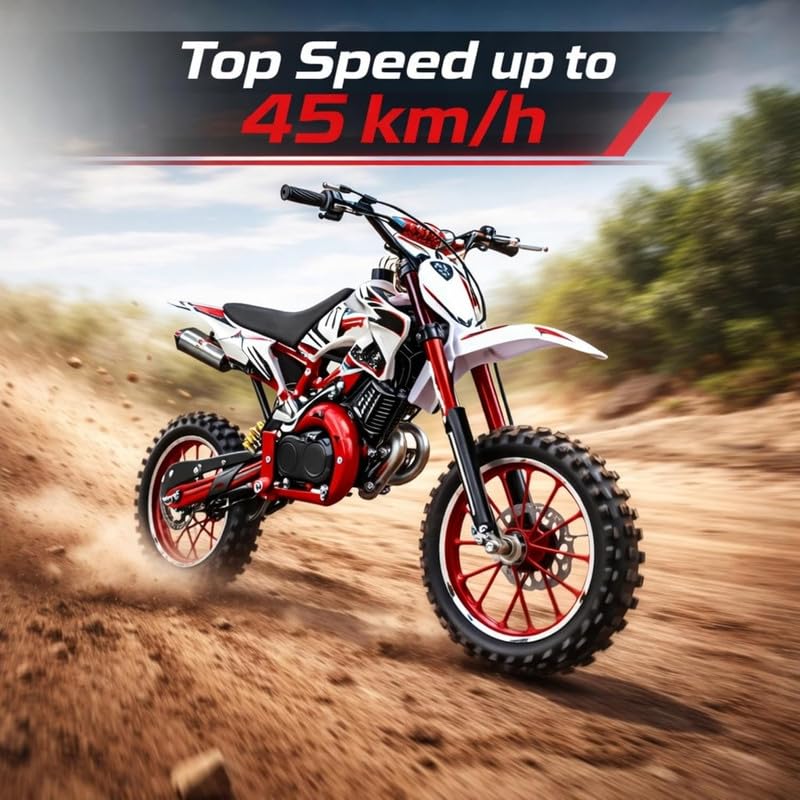 Image of VTX 50cc Petrol Kids Dirt Bike | 2-Stroke Engine Mini Off-Road Motorcycle | 45 km /h Top Speed| Front & Rear Disc Brakes| Rear Suspension,| 90 kg Capacity | Red