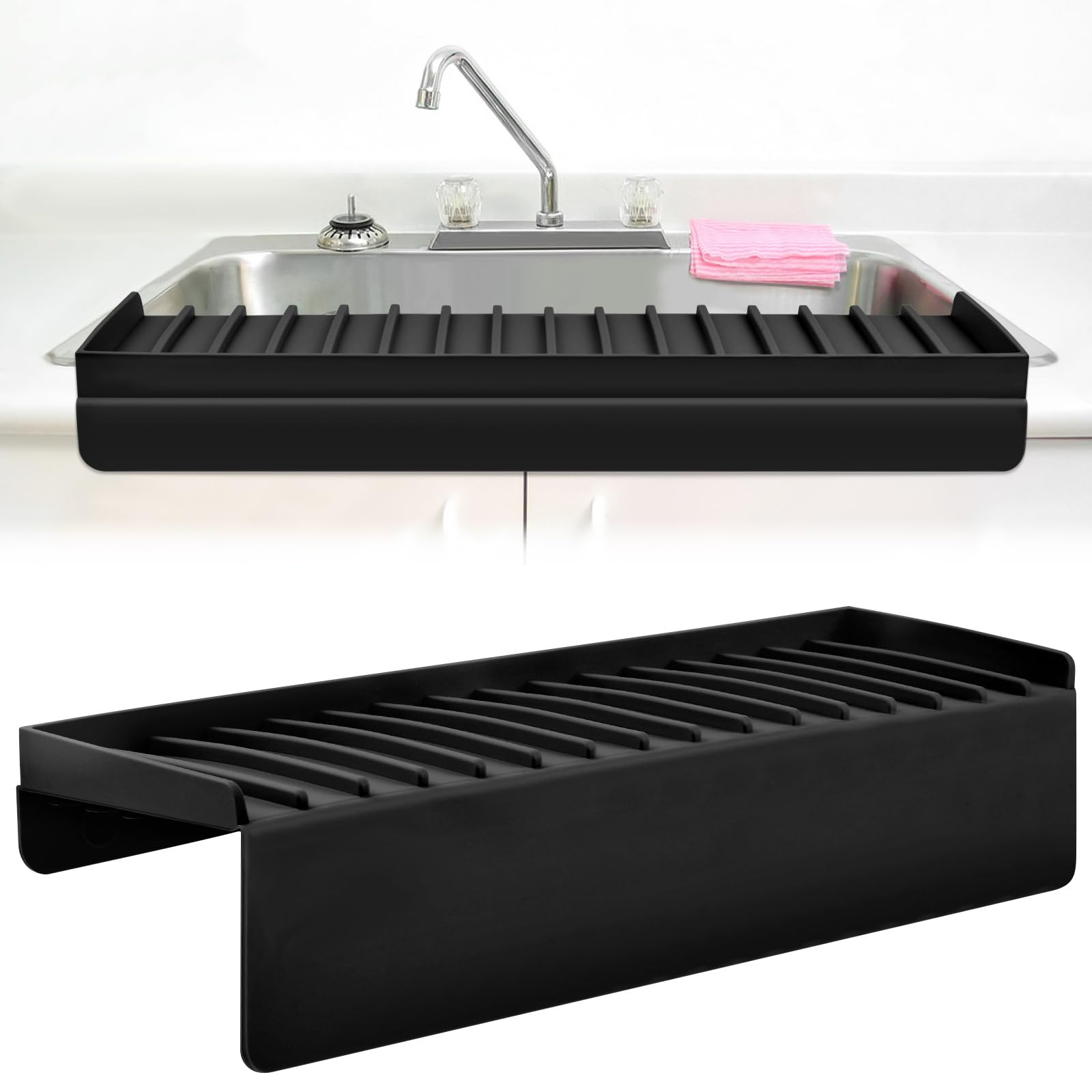 AYESY Silicone Sink Edge Protector Splash Guard, Kitchen Mat 5 Degree Tilt Angle Draining, Bathroom Sink Slope for Granite Quartz Countertop, Prevent Water Splashing - Black