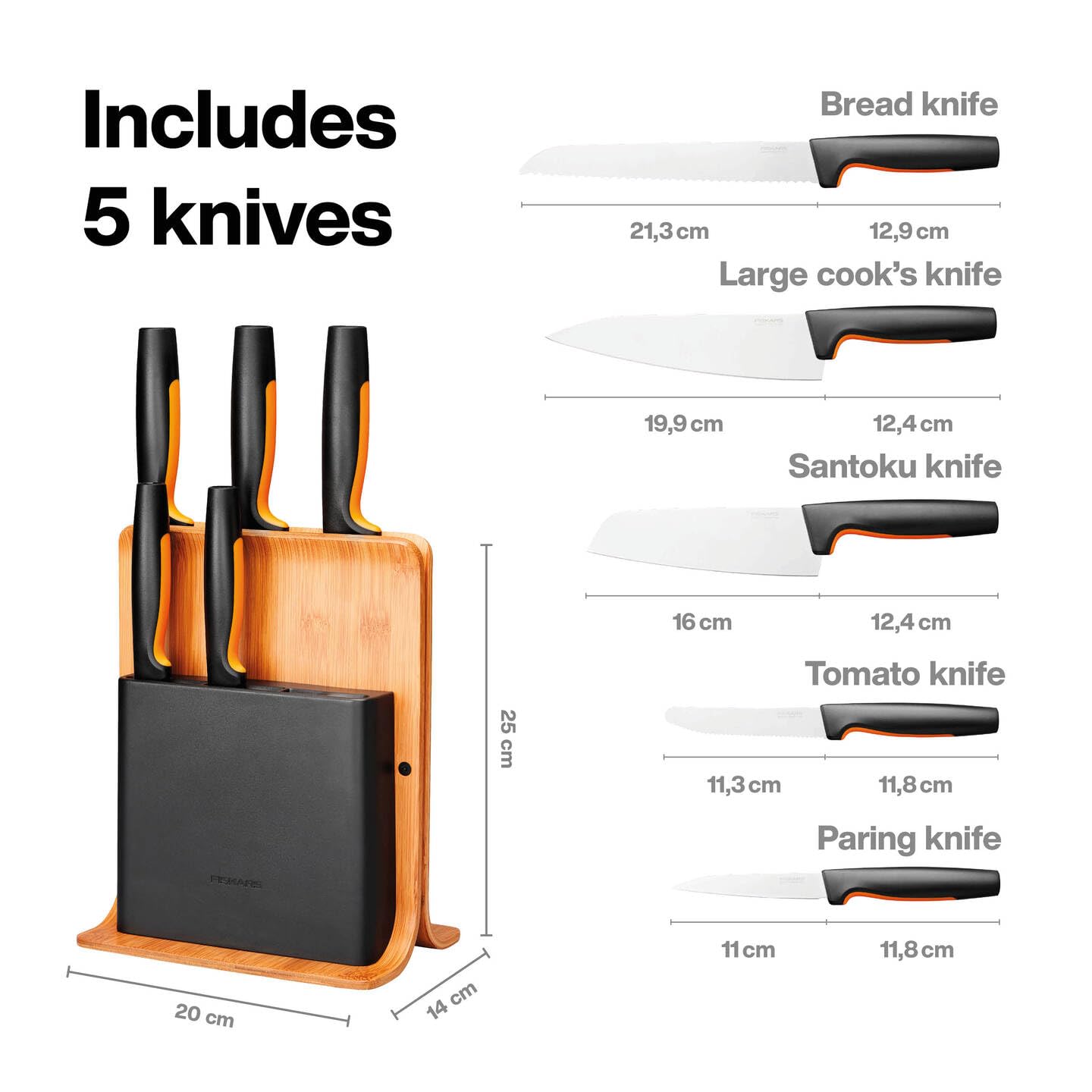 Fiskars Bloque de bambú con 5 cuchillos, Functional Form, Incluye Cuchillo para verduras, Cuchillo de tomate, Cuchillo de chef Santoku, Cuchillo de cocina y Cuchillo de pan, Bambú/Plástico, 1057552