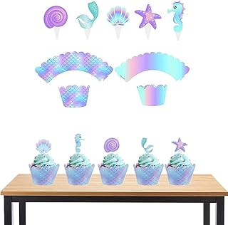 40Pcs/Pack Mermaid Cupcake Toppers Wrappers Double Side, Little Mermaid Theme Decoration Baby Shower Under The Sea Birthday Party Favor
