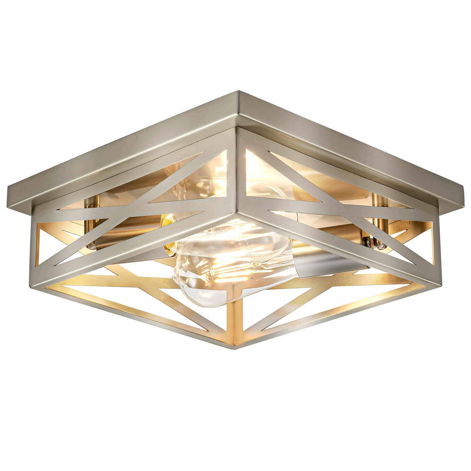 Brushed Nickel Industrial Square Cross Cage Close to Ceiling Light, 11 in Met…