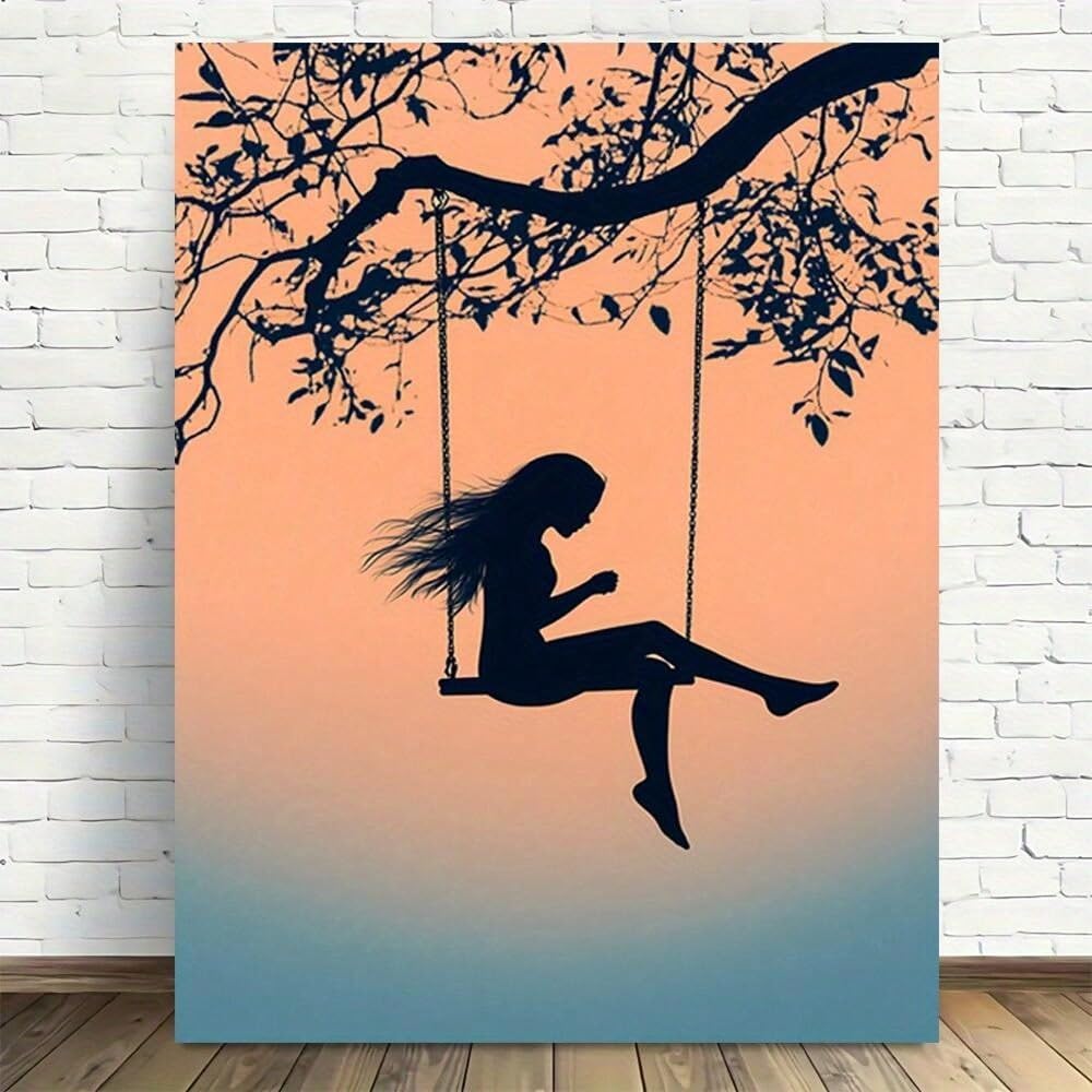 TZKBDMA Silhouette Canvas Wall Art, Woman On Swing, Sunset Colors, Modern Vintage Aesthetic Art Print For Living Room, Bedroom Decor(80x120cm/Without frame)