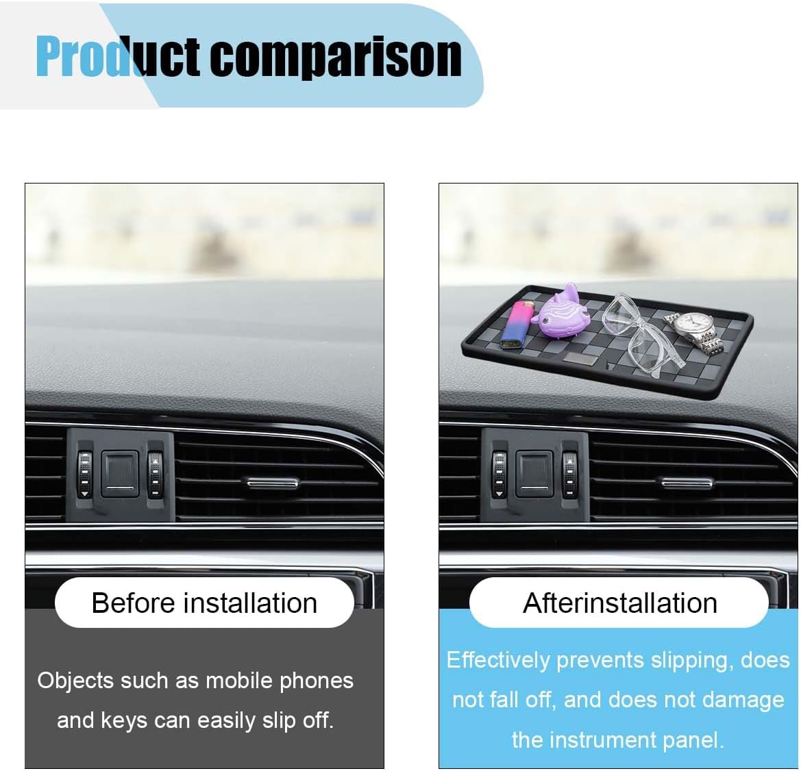 Car Dashboard Non Slip Mat, 11.06'' x 5.98'' Universal Grid Multi-Functional Sticky Adhesive Pad, Dash Sticky Gripping Mat for Cell Phones, Keys, Sunglasses, Electronic Devices, GPS (Black Gray)