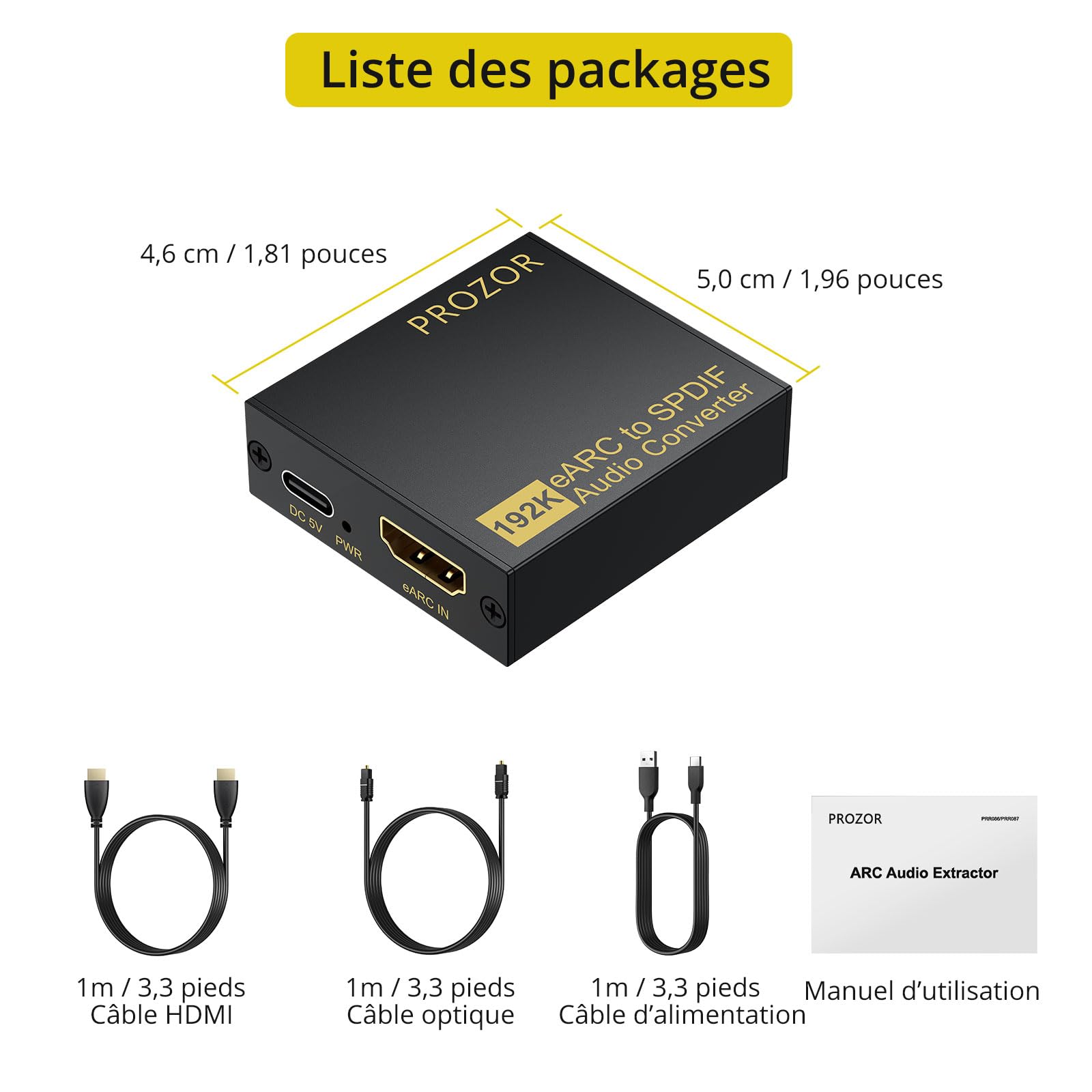 PROZOR Extracteur Audio eARC/ARC vers Optique Exclusif 192kHz & Dolby/DTS 5.1 Solution pour Barres de Son et Casques TV