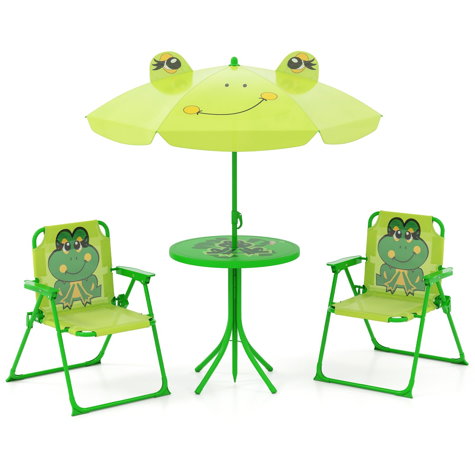 HOMGX Kids Picnic Table with Umbrella, Kids Outdoor Table with 2 Folding Chairs, Height Adjustable Umbrella, Portable Kids Outdoor Furniture for