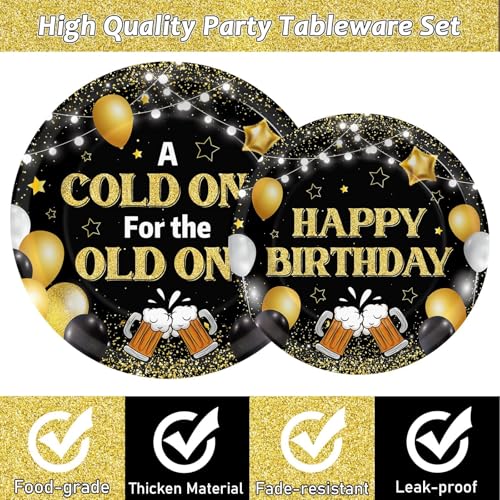 Image of 96 Pcs A Cold One for The Old One Party Decorations Black Gold Tableware Set for Men Party Favor Cheers Birthday Party Plates and Napkins for 30th 40th 50th Dinnerware Supplies for 24 Guests