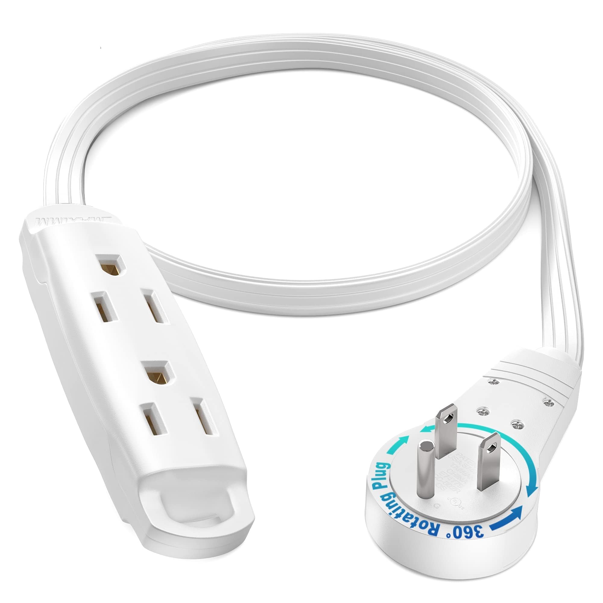 Maximm 360 Degree Rotating Flat Extension Cord 1 Ft Multi 3 Outlet Power Cord Grounded 16 AWG UL Certified, White