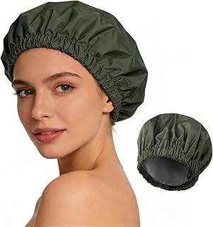 Shower Cap for Women Reusable Waterproof, Large Bath Cap with Elastic Band, Hair Caps for Long Hair and Braids, Green