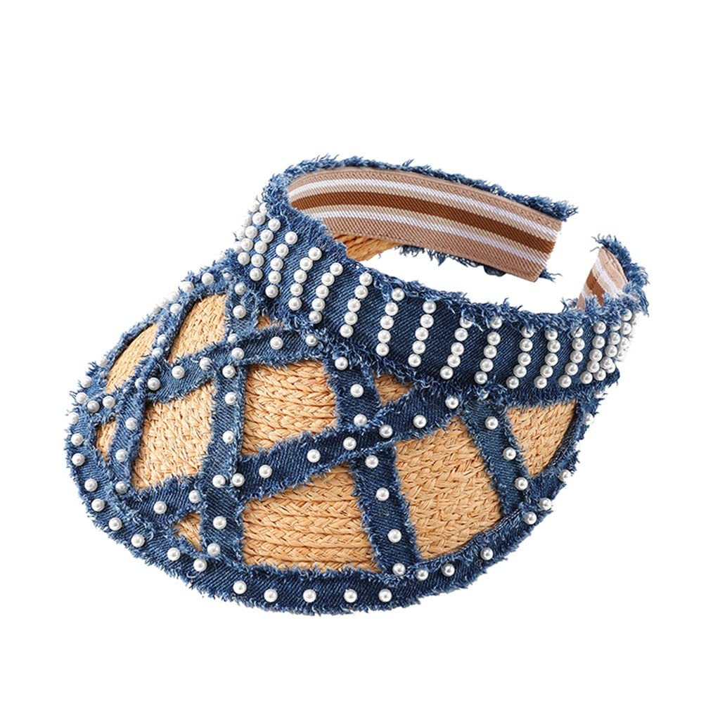 Cappelli da Sole con Visiera firmati per Donna Cappelli da Spiaggia Estivi Cappelli in Rafia Bordi in Denim con Perle Fatti a Mano