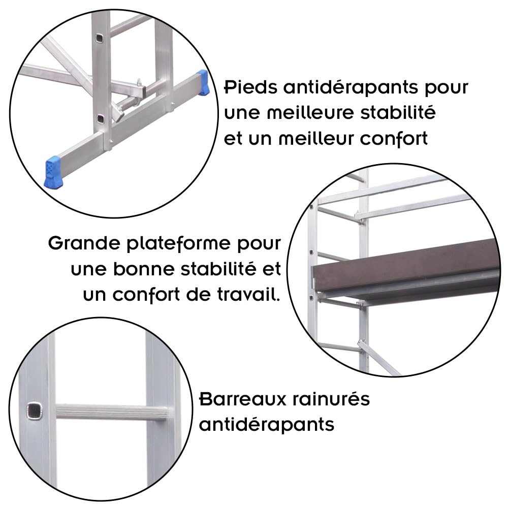 ETRA Echafaudage en aluminium hauteur de travail 5m sans roulettes