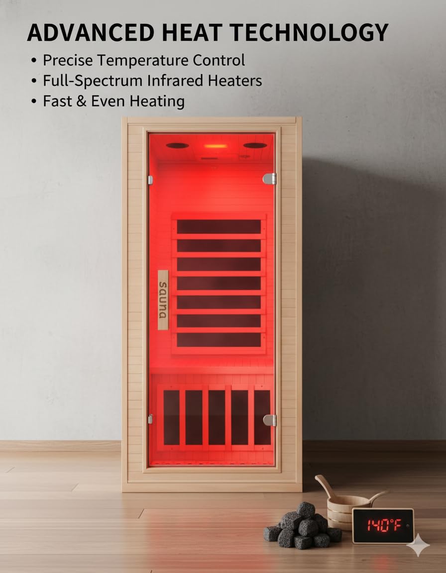 1-Personen Ferninfrarot-Sauna | 1350W mit Niederfeld-Technologie | 6 Infrarotstrahler & LED-Lichttherapie | Heimsauna aus Hemlockholz mit Bluetooth & einfacher Montage