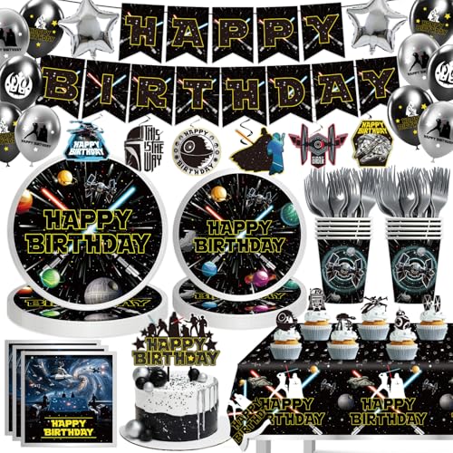 140 Galaxy Wars Birthday Party Decorations All-in-One Party Supplies Set with Banner Plates Cups Napkins Balloons Tablecloth Hanging Swirls Stickers Cake Topper Star Theme Party Tableware Kit