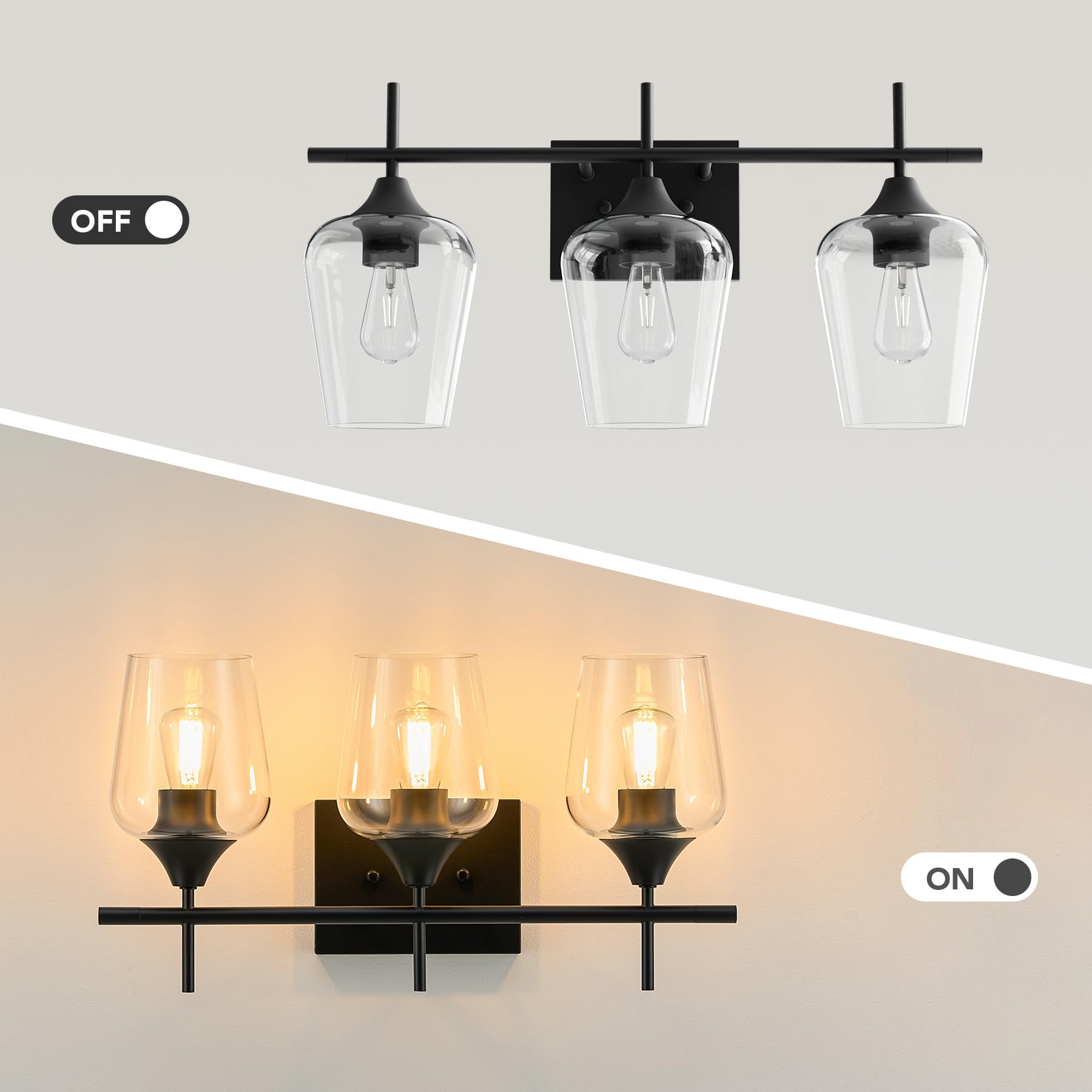 Lámpara de tocador de baño, lámpara de baño de 3 luces sobre el espejo, lámpara de pared de baño con vidrio transparente, accesorios de iluminación negros modernos para baño, dormitorio 3