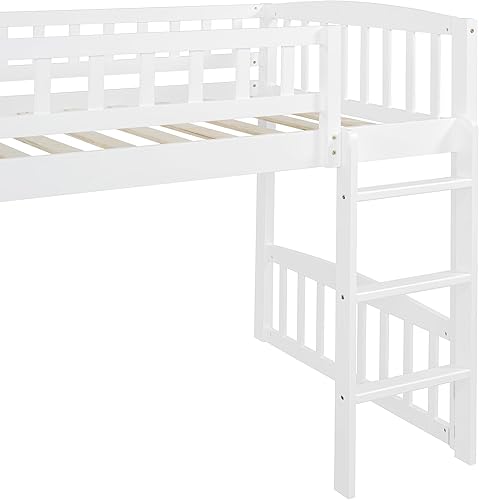 Miniatura 9 de Cama baja de tamaño individual con tobogán y escalera, marco de cama de madera para niños y niñas, color blanco