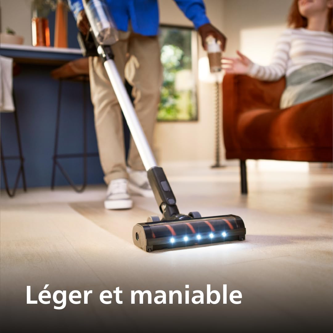 PHILIPS Aspirateur sans Fil Série 3000 - Aspiration Balai Puissant, Autonomie de 60 Minutes, Buse avec Éclairage LED, Outils de Coin et Combinés, Batterie Remplaçable, Léger, Noir/Bleu (XC3032/01)