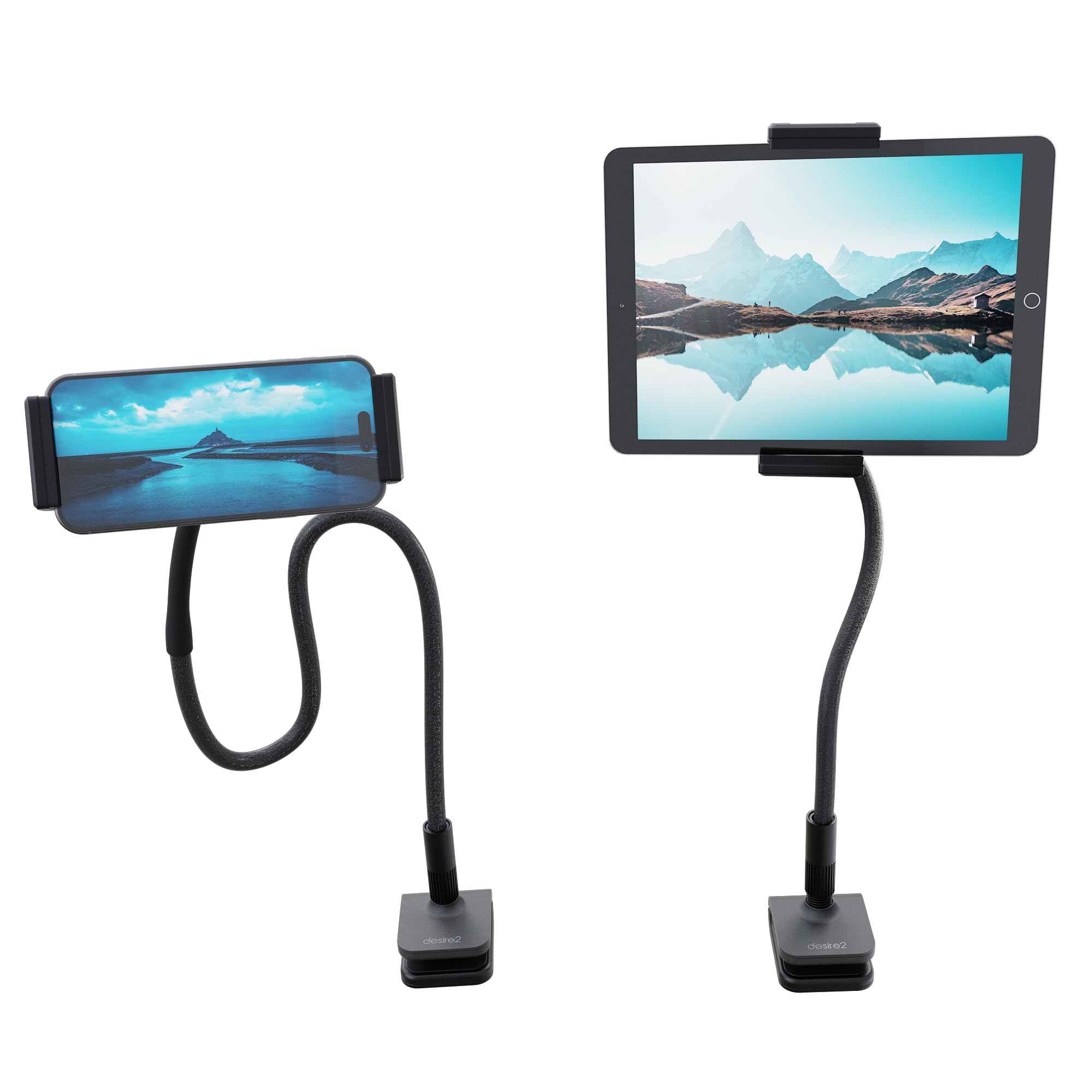 Desire2 Flow - Supporto per telefono e tablet a collo d'oca, braccio flessibile, mani libere, montaggio a morsetto