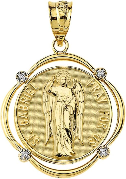 Solid 10k Gold St. Gabriel The Archangel Diamond Round Frame Pendant