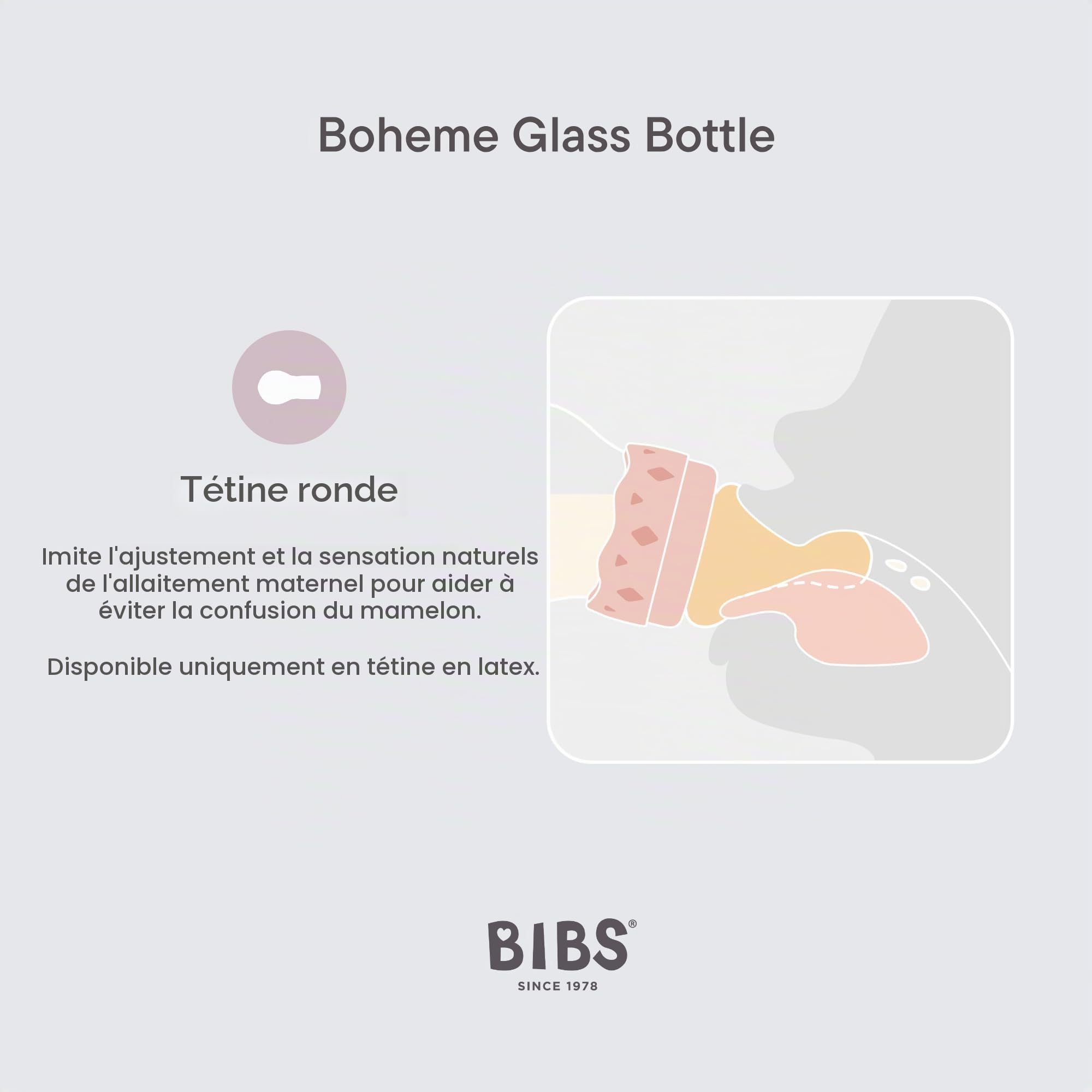 BIBS Boheme Baby Glass Bottle. Anti-colique. Embout rond en latex de caoutchouc naturel. Favorise l’allaitement naturel - Violet Sky