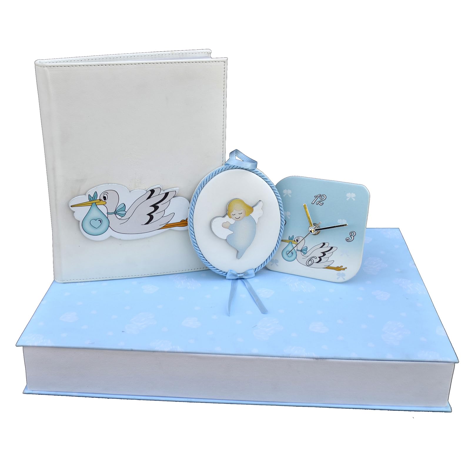 oggettando Sweet Ankunft: Geschenkset Storch mit Tagebuch, Tischuhr und Wiege mit Spieluhr für Neugeborene (Hellblau)