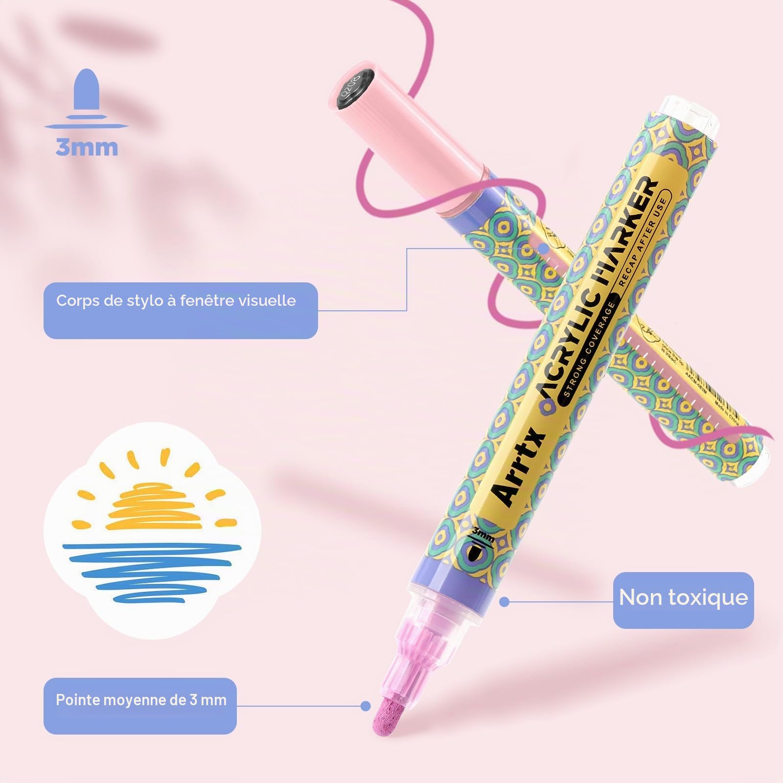 Arrtx 48 Feutre Acrylique Peinture stylo, Marqueurs Acryliques Résistants à l'eau pour Pierres, Marqueurs de Couleur de 3 mm à Pointe Moyenne, Marqueur Peinture Acrylique pour Bois,Toile,Verre,Métal