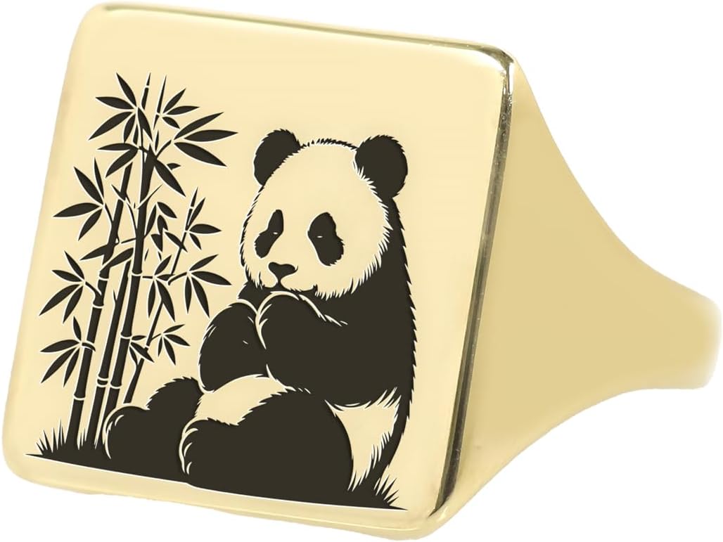 Cute Panda Gold Signet Ring - Custom Panda Ring - Square Shaped Ring - Bold Statement Ring