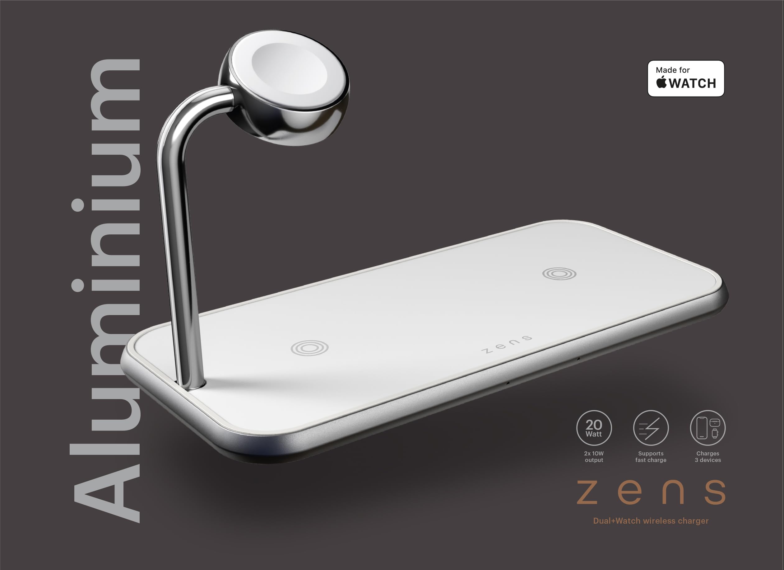 Zens Dual+Watch Wireless Charger, Biały | Stacja ładowania bezprzewodowego,10 W do iPhone/Apple Watch/urządzeń z technologią Qi, zawiera zasilacz 24 W (EU/UK/US)
