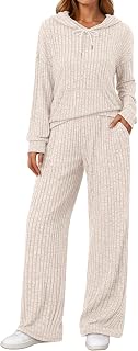 Women 2 Piece Lounge Pajamas Sets Ribbed Knit Long Sleeve Sweater Hoodies Pants Matching Set 2025 Fall Outfits