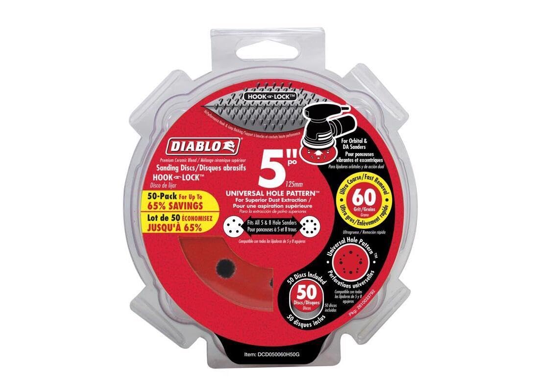 Diablo 5" 60 Grit Hook & Lock ROS Sanding Discs, Ceramic Blend 50-Pack - Wood, Metal, Plastics DCD050060H50G