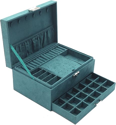 Caja organizadora de joyas para mujer, 3 capas de gran capacidad, cajas de joyería de terciopelo verde con cerradura para anillos, collares, aretes,