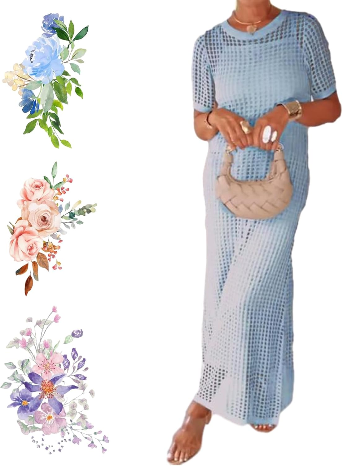 Elegant Knit Mesh Layered Two-Piece Maxi Dress, Mesh Dress, Short Sleeve Maxi Dresses Women Cover up Dress Dark Pink