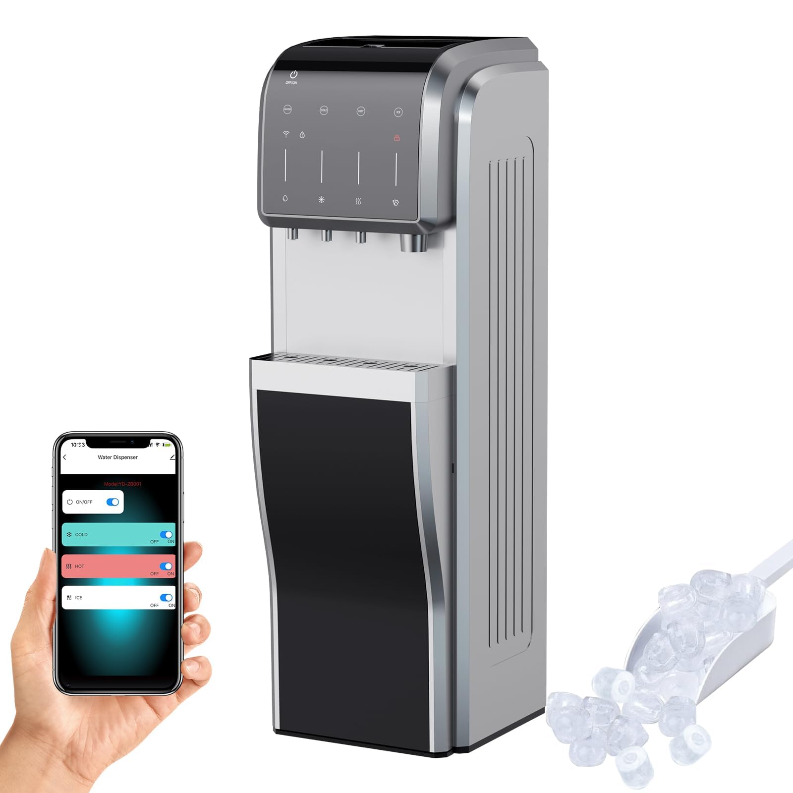 FrigiLife 5-in-1 Water Cooler Dispenser with Ice Maker, Bullet and Crushed/Chewable Ice Machine, Hot and Cold Water, Bottom Load for 5 Gallon Bottle, 35lbs/24H, WiFi, Child Lock, Stainless Steel on Fridge.com