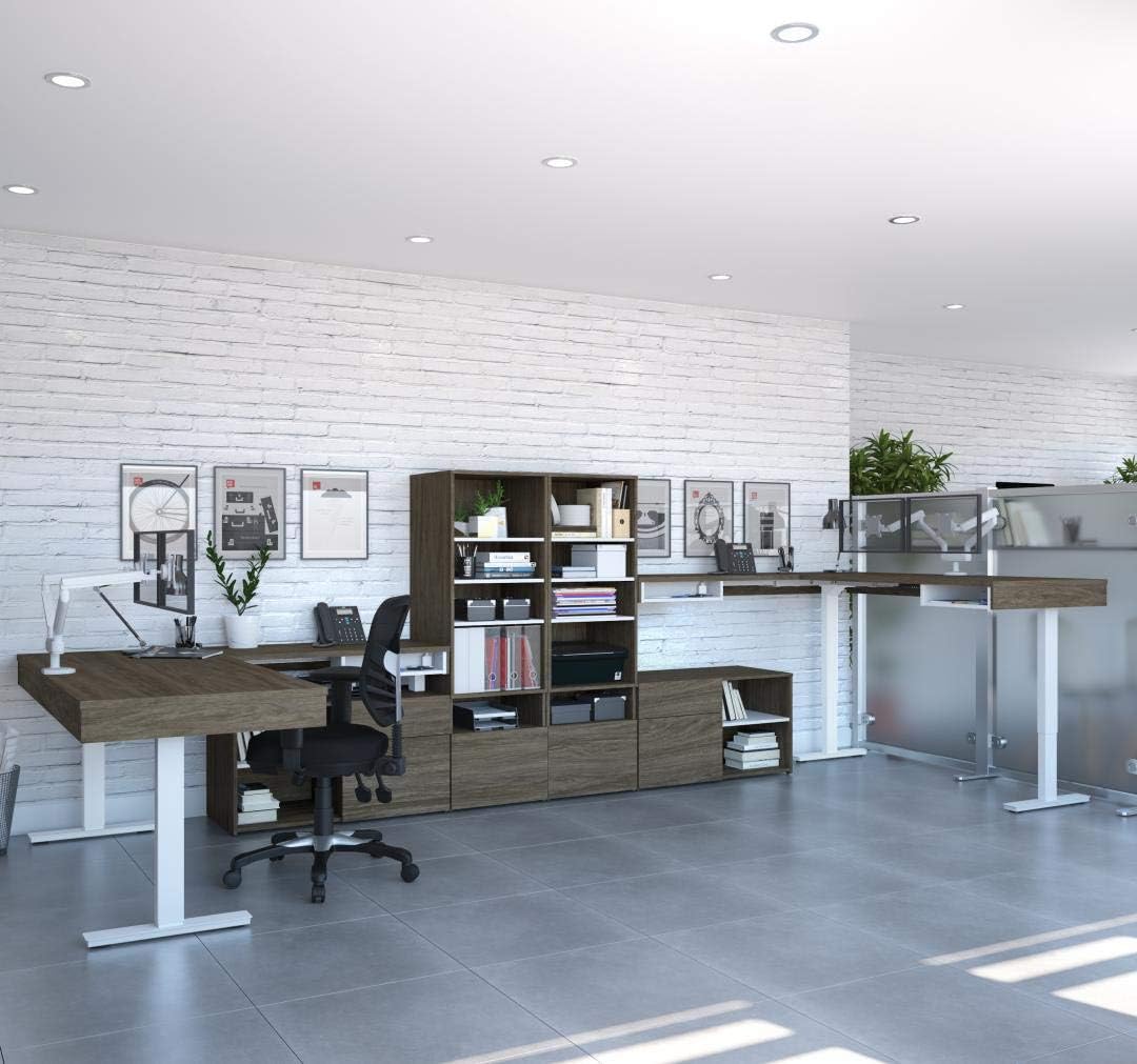 Bestar Viva L-Shaped Standing Desks with Dual Monitor Arms and Storage, 72W, Walnut Grey & White