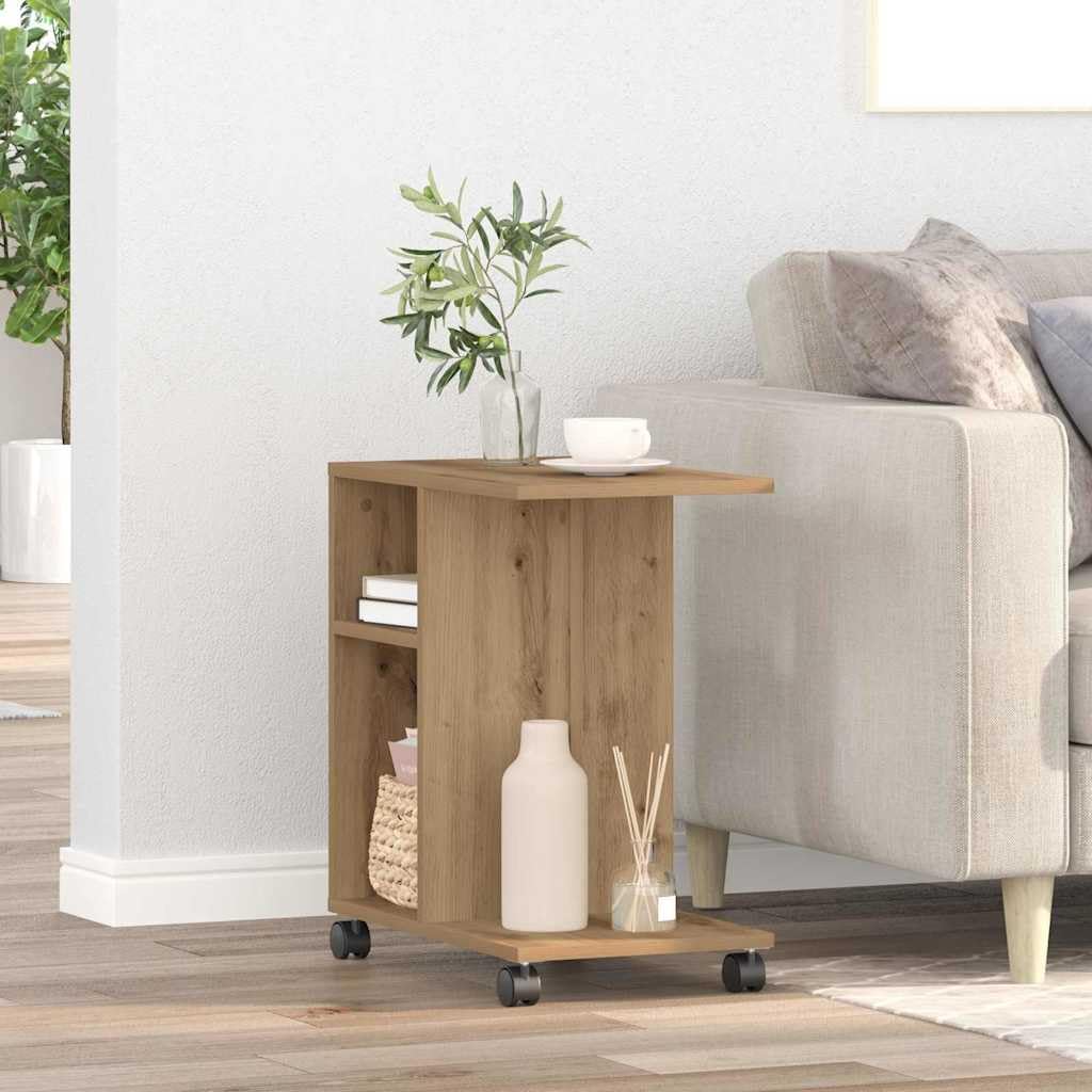 Mesa auxiliar de madera de roble Artisan, 50 x 30 x 55 cm, con estante y ruedas, ideal como mesa de centro, mesita de noche, mesa de sofá, mesa de almacenamiento, para salón, dormitorio