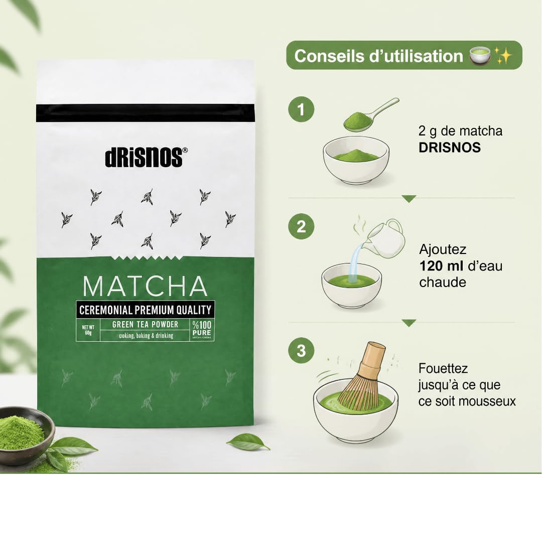 DRISNOS - Thé Matcha DRISNOS de Qualité Premium Cérémoniale, Matcha en Poudre, 60g, 100% naturel, thé vert de première récolte